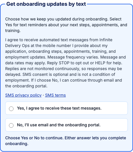 Actual SMS consent section with complete disclosure and neither Yes nor No selected