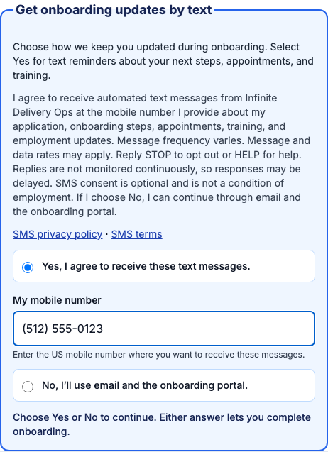 Actual SMS consent section with Yes selected and required mobile number field containing a synthetic number